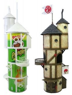 two bird houses made out of cardboard boxes