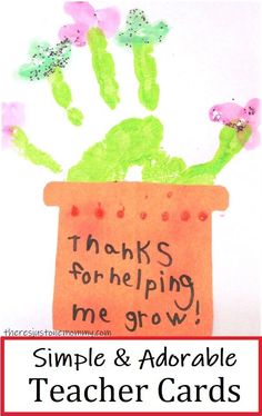 a handprint teacher appreciation card with flowers in a pot