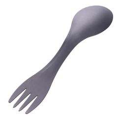 a gray plastic spoon and fork on a white background