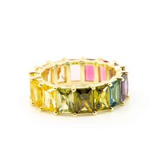 This ring was made for stacking, and makes a great base for just that. Emerald-cut rainbow crystals set in gold-plated silver are as versatile as they are statement-making. 14k gold plated sterling silver Emerald cut rainbow crystals Rainbow Cubic Zirconia Stackable Jewelry, Rainbow Ring, Rainbow Rings, Infinity Ring, Rainbow Crystal, Crystal Set, Gold Plated Silver, Italian Charm Bracelet, Gold Plated Sterling Silver