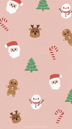 christmas wallpaper with santa claus, snowman and gingerbreads on pink background