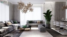 a living room filled with furniture and a large plant in the middle of the room