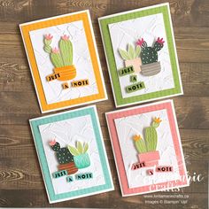 three cards with cactus designs on them and the words just a note in different colors