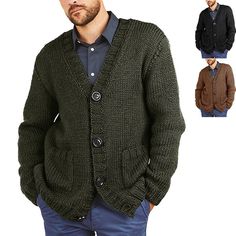 Sweater Cardigan Men's Solid Color V-neck Long Sleeve Knitted Coat Classic Knitted V-neck Outerwear, Casual Wool V-neck Outerwear, Knitted Wool V-neck Outerwear, V-neck Sweater With Pockets For Winter, Casual Wool V-neck Sweater For Winter, Casual Wool V-neck Sweater With Button Closure, Casual Wool V-neck Sweater Coat, Wool Knitted V-neck Cardigan, Y2k Street Style