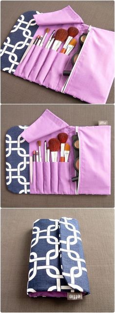 two pictures of the inside of a bag with makeup brushes in it