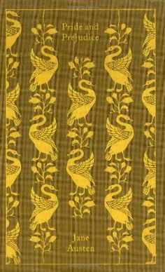 a yellow book cover with birds and flowers on the front, in black lettering that reads pride and prejudie