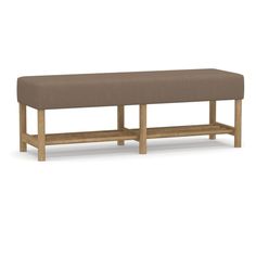 a wooden bench with a brown upholstered seat