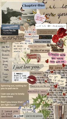 the collage is made up of many different types of words and pictures on paper