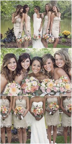 the bridesmaids are posing for pictures in their wedding gowns and bouquets