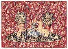 an image of a tapestry with animals and people in the middle, surrounded by flowers