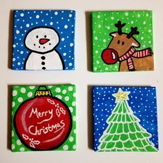 four square paintings with christmas designs on them