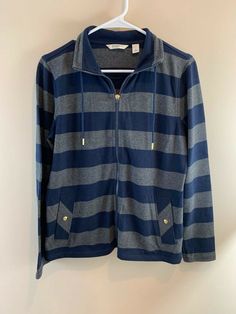 Liz Claiborne New York 100% Cotton Front Zip Striped Pocket Jacket Sweater SZ MD Blue And Grey Clothes, Thrift Shirts, Striped Jacket Outfit, Png Top, Oc Clothes, Cutest Outfits, Fashion Vibes, Jacket Sweater, Grey Outfit