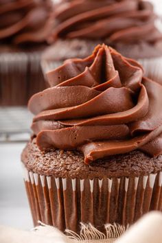 two chocolate cupcakes with frosting on top