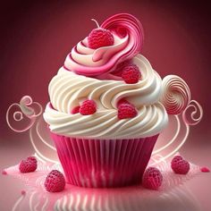 a pink cupcake with white frosting and raspberries on top is surrounded by swirls