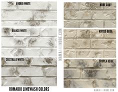 the different types of white paint on a brick wall