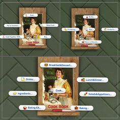 four frames with pictures of women in the same room and text that reads virtual question, cook book