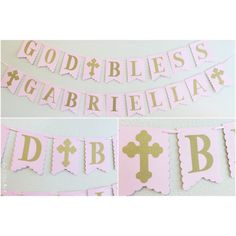 Pink and Gold Banner | Baptism | Communion | God Bless | gold glitter cross Girl Baptism Party, Catholic Baptism, Christening Decorations, Christening Ideas