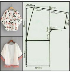 an image of the measurements for a blouse with flowers on it and two pictures of how to