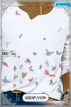 White Casual Floral Printed Long Sleeve Top Casual V-neck Top With Butterfly Print, Casual V-neck Butterfly Print Tops, White Butterfly Print Top For Summer, White Butterfly Print Tops For Summer, White Butterfly Print Summer Tops, White Casual Top With Butterfly Print, White Printed Tops For Fall, Spring Long-sleeve Tops With Butterfly Print, Spring Butterfly Print Long Sleeve Tops