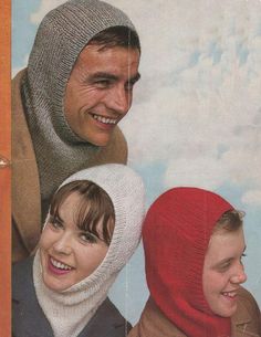 two children and an older man wearing knitted hats in front of a sky background