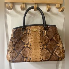 Lightly Used Coach Brown Textured Leather Bag, Brown Textured Leather Coach Bag, Luxury Brown Coach Satchel, Elegant Brown Coach Satchel, Python Snake, Bags Coach, Tan Brown, Python, Coach Bags