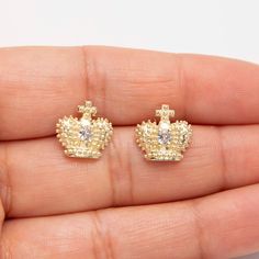 "1/2\" Crown Stud Earrings Real 10K Yellow Gold * Metal : Real 10K Yellow Gold (Properly Stamped, 10K) * Condition : Brand New * Finish : Polished * Average Weight : 2.16 grams * Length : Just under 1/2\" = 12mm * Width : Just over 1/2\" = 13mm * Clasp/Bail : Push Back All of our items are brand new and are shipped with a gift box." Gold Crown Design Earrings As Gift, Gold Earrings With Crown Design For Gift, Gold Crown Design Earrings For Gift, Crown Jewellery, Earrings Real, Average Weight, Favorite Rings, Beautiful One, Pendant Necklaces