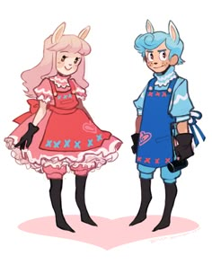 two cartoon characters dressed in costumes standing next to each other, one is wearing an apron and