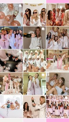 a collage of photos with people dressed up in pink and white, including balloons