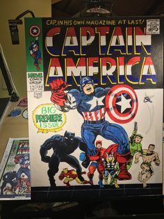 the captain america comic book is on display