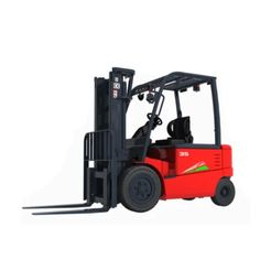 a red forklift sitting on top of a white surface