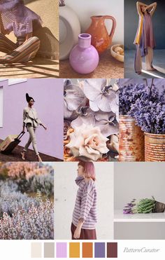 a collage of different color schemes with flowers and vases in the background, including lavender