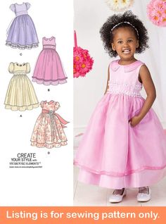 Sewing Pattern Make Special Occasion Dresses for Girls This listing is for one sewing pattern to make all of the items listed below. Directions and pattern pieces are included. Please note that anything else shown as well as any fabric or supplies needed are not included. Brand new and uncut. Whether she is a flower girl, party girl, or just your princess these lovely dresses will be just right! Sew any of the fours style shown which all include back zipper closures and optional purchased trim o Flower Girl Dress Pattern, Toddler Formal Dresses, Princess Dress Patterns, Toddler Sewing Patterns, Formal Dress Patterns, Girls Fancy Dress, Robes D'occasion, Girls Special Occasion Dresses, Simplicity Dress