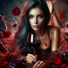 a woman holding a glass of wine in front of her face and surrounded by roses