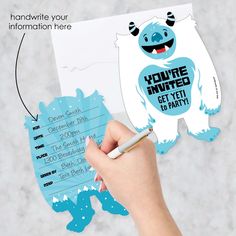 someone is holding up a paper cutout with a monster on it and the words you're nited yet party