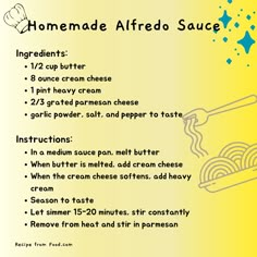 the recipe for homemade alfredo sauce is shown in blue and yellow with stars on it