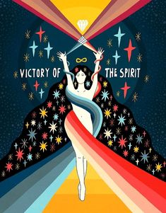 a woman with her arms up in the air, surrounded by stars and rainbows