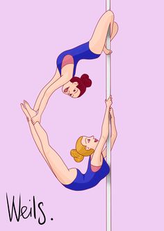 two women doing acrobatic tricks on a pole with the words wells above them