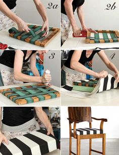 four pictures showing how to make a chair out of old books and strips of wood