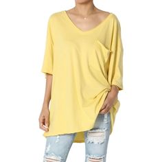 Women's S~3X Oversized RawEdge V Neck Pocket Short Sleeve Boyfriend Tee T Shirt Not complicated. The Boyfriend tee is relaxed fitting throughout with loose fitting short sleeves. It's made of soft cotton fabric so it's super comfortable. The Boyfriend Tee pairs well with the Boyfriend Sweatpant. Size: XL.  Color: Yellow.  Gender: female.  Age Group: adult. Fitted Tunic, Drop Shoulder Tee, The Boyfriend, Boyfriend T Shirt, Boyfriend Tee, Tunic Length, Stylish Fashion, Shorts With Pockets, Favorite Shirts