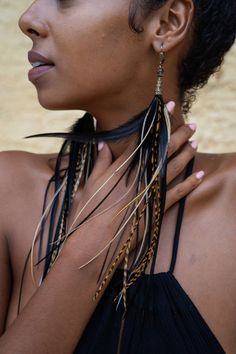 Long feather earrings in black and golden colors. With reliable lever back hooks and natural smoky quartz stones. The shade of feathers may be slightly different because of natural materials are always unique. Made with love and inspiration✨ Earrings With Feathers, Braided Dress, Denim Earrings, Macrame Dress, Festival Earrings, Angel Earrings, African Earrings, White Boho Dress, Amber Earrings