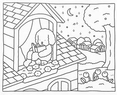 a black and white drawing of a person sitting on a bench in front of a house