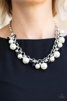 Varying in size, bubbly white pearls, classic silver beads, and shiny black beads swing from the bottom of a glistening silver chain, creating a refined fringe below the collar. Features an adjustable clasp closure. Sold as one individual necklace. Includes one pair of matching earrings. Paparazzi Necklaces, Multi Necklace, White Beaded Necklaces, Pink Jewels, Orange Necklace, Pearl Necklace Earrings, Silver Pearl Necklace, White Pearl Necklace, Silver Bead Necklace