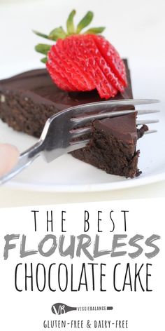 the best flourless chocolate cake is on a white plate with a fork in it