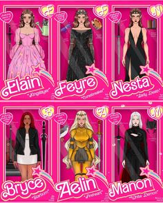 the barbie dolls are all dressed up in different outfits and hair colors, with names on them