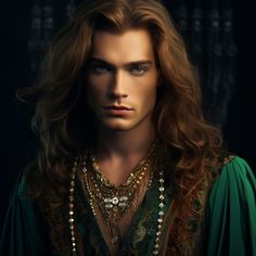 a man with long hair wearing a green shirt and gold jewelry on his neck is looking at the camera