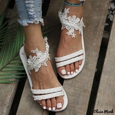 Olivia Mark - Flower Sandals Slip-On Sandal Shoes Flat Sandals Wedding, Wedding Shoes Sandals, Beach Wedding Shoes, Lace Sandals, Lace Flats, Flower Sandals, Platform Wedge Heels, Sandal Shoes, Strap Sandals Women