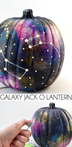 the galaxy painted pumpkin is ready to be decorated with paint and glitters for halloween