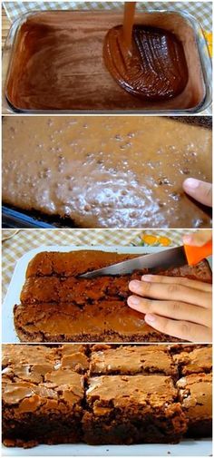 there are three pictures showing how to bake brownies with icing on them