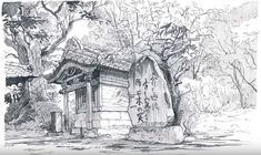 a black and white drawing of a building in the woods with trees around it, surrounded by foliage