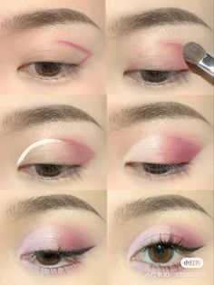 Asian Pink Eye Makeup, White Pink Makeup Looks, Pink Korean Makeup Look, Cute Beach Makeup, Eye Makeup Inspo Aesthetic, Strawberry Milk Makeup Look, Pink Eyeshadow Tutorial Step By Step, Pink Makeup Asian, Lower Eyelid Makeup